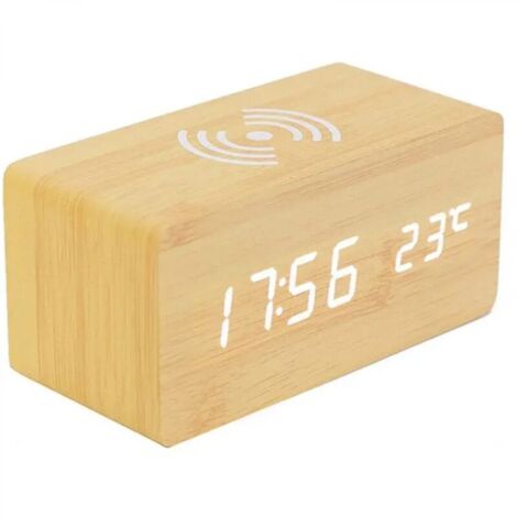 Thermomètre Numérique Réveil Réveil Numérique Bois Réveil À Bois LED Digital avec Chargeur sans Fil, Réveil en Bois avec Chargeur À Induction Chargeur sans Fil pour Chambre/Bureau (1/5)