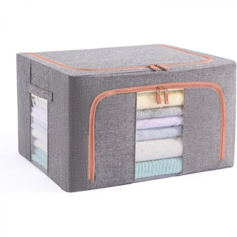 Bac de rangement empilable 24 L avec couvercle, poignée en métal et fermeture éclair pour literie, couvertures et serviettes (gris, 1 paquet) (1/5)