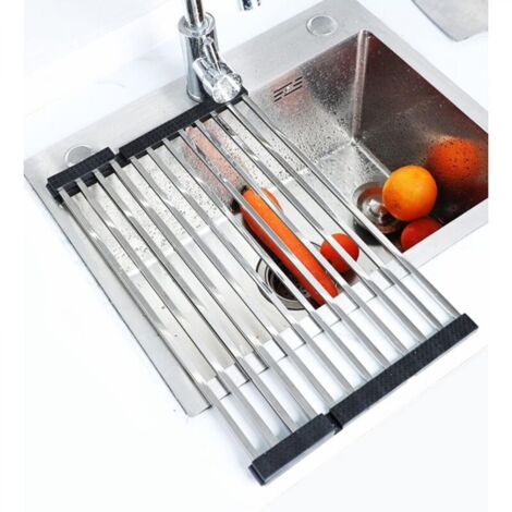 Égouttoir à vaiss pliable, tapis d'évier enroulable en acier inoxydable, égouttoir de cuisine argenté (16 tubes pliables 47 x 36 cm) (1/5)