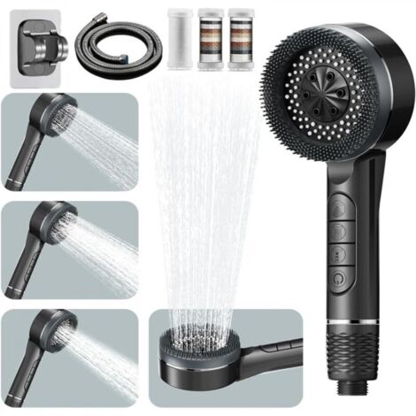 Pommeau de Douche Haute Pression, Pommeau Douche Economie Deau 4 Types de Jets Pommeau de Douche Anti Calcaire avec Tuyau Douche 1.5M et Support de Douche, avec Bouton D'arrêt D'eau, Gris (1/5)