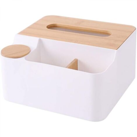 1pc boîte de mouchoirs en bois avec compartiments organisateur de rangement télécommande et objets divers design élégant blanc (1/5)
