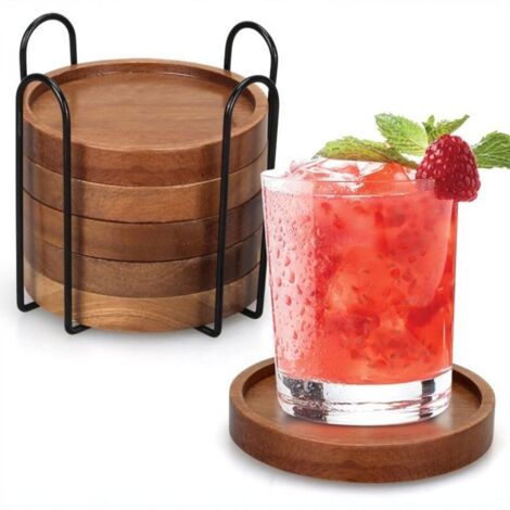 Dessous de verre en bois marron avec support pour table basse, dessous de verre absorbants pour protéger le dessus de table, lot de 6 (1/5)