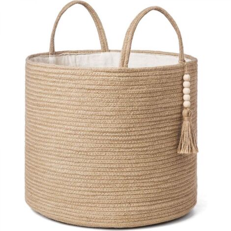 Panier de rangement tressé, jaune chanvre, 1 pièce, 282828cm, décoré de corde naturelle, pour le salon et la décoration intérieure. (1/5)