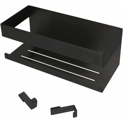 Etagere Douche, Étagère Douche Sans Percage, Étagère Salle de Bain Inox, Rangement Douche, Adhésif Pose Serviteur de Douche pour Shampooing, avec Lot de 2 Crochets, Noir Mat (1/5)