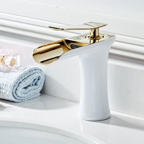 Mitigeur de lavabo cascade blanc et doré, mitigeur monotrou pour lavabo haut (1/5)