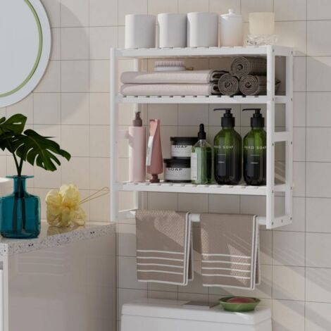 Étagère flottante murale en bambou à hauteur réglable avec porte-serviettes pour salle de bain et cuisine (blanc, 1 pièce) (1/5)