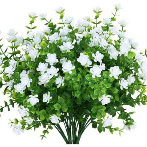 8 Bouquets Fleurs Artificielles Fleur Fausse, UV Résistant Verdure Arbustes Plantes Eucalyptus Intérieur Extérieur Suspendus Planteur Accueil Jardin Décor, Blanche (1/5)