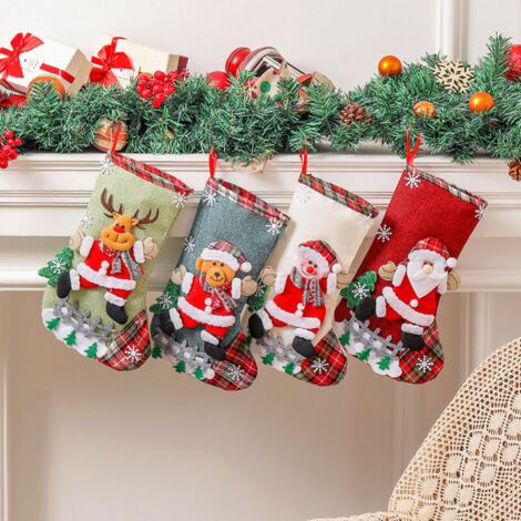 Lot de 4 bas de Noël, décorations pour sapin de Noël avec Père Noël, bonhomme de neige et renne, pour fête de Noël en famille, sac cadeau de bonbons (1/5)