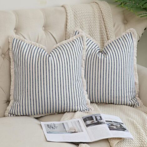 Lot de 2 housses de coussin décoratives carrées à rayures avec franges en coton chic pour canapé, lit, salon, décoration de style ferme, 50 x 50 cm (1/5)