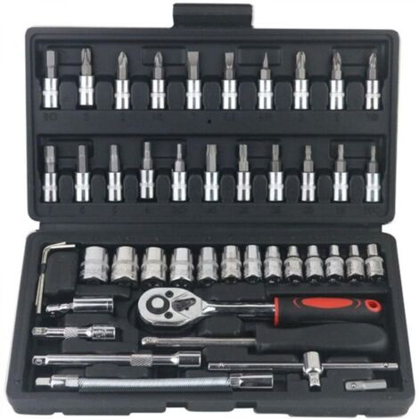 Coffret de 46 douilles 1/4 pouce, jeu de clés à cliquet avec douilles métriques et rallonge pour la réparation automobile et le ménage (noir) (1/5)