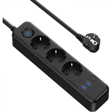 Multiprise 3 Prises avec USB C PD 20 W Charge Rapide et 2USB A, 4000W/16A Multiprise Parasurtenseur Parafoudre et Surtension avec Interrupteur Cable 2 M pour Maison Bureau, Noire (1/4)