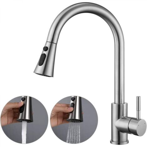 Robinet de cuisine extensible avec douchette, robinet haute pression cuisine deux types de jets d'eau, robinet d'évier cuisine orientable à 360°, mitigeur cuisine (argent) (1/5)