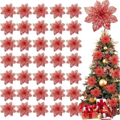 Lot de 36 poinsettias scintillants pour décorations de Noël, fleurs artificielles en soie de 10 cm pour couronnes de Noël, décorations de fête (rouge) (1/5)
