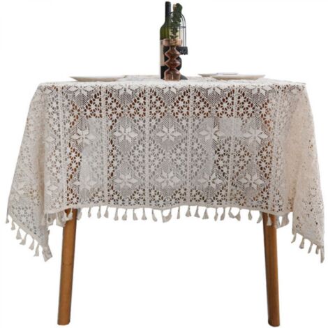 Nappe en coton crocheté style pastoral à pompons creux, beige – 140 x 180 cm (1/5)