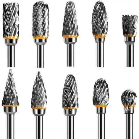Jeu de Fraises Rotatives Acier Carbure de Tungstène Double Tranchant pour Outil rotatif, 10 pièces Tige 1/8” pour Outil Rotatif pour Bricolage, Sculpture sur bois, Polissage métaux, Gravure, Perçage (1/5)
