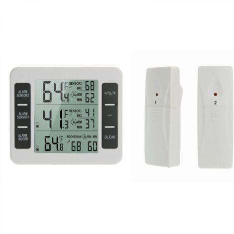 lot de 1 Thermomètre de Frigo Congelateur, Thermomètre de Réfrigérateur sans Fil avec 2 Capteurs, Alarme Sonore, Min/Max, Thermomètre in/Extérieur pour Maison Cuisine Restaurant Bars Café (1/5)