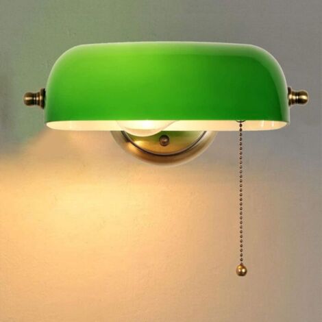 Applique Murale Vert En Verre Avec Interrupteur À Chaîne À Tirer, Lampe De Chevet Enfant, Lampe Murale E27, Base En Métal Bronze, Pour Chambre Cuisine Applique Luminaire Orientable (1/4)