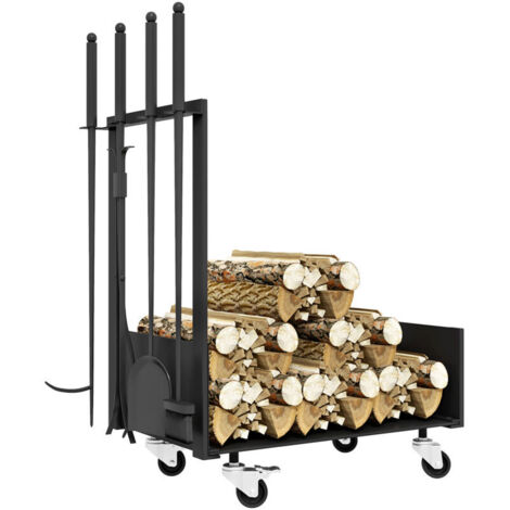 Range-bûches à roulettes, nombreux accessoires, structure métallique, charge maximale 60 kg, 48 x 30 x 76 cm, noir (1/5)