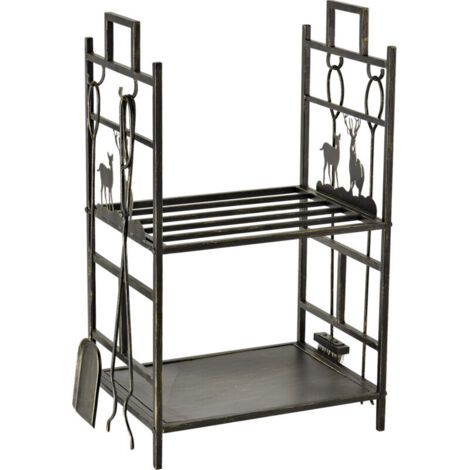 Porte-bûches range bûches étagère à bois de cheminée serviteur de cheminée cerf multi-accessoires 2 étagères dim. 51,5L x 33l x 77H cm métal noir or vieilli (1/5)