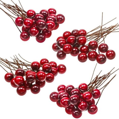 Baies de houx artificielles, 100 mini baies de 10 mm sur fil pour décorations d'arbre de Noël, couronne de fleurs, bricolage (rouge vin) (1/5)