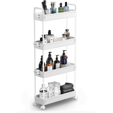 Chariot de rangement fin, chariot de rangement roulant pour salle de bain à 4 niveaux, chariot d'organisation mobile pour bureau, salle de bain, cuisine et buanderie, espaces restreints, blanc (1/3)