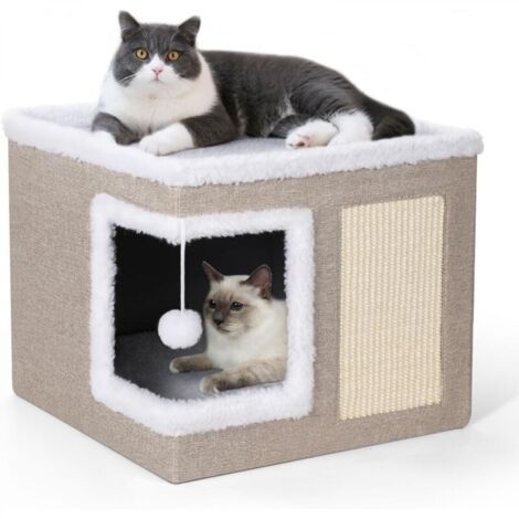 Lit d'intérieur pour chat, grand auvent pour chat avec griffoir, lit grotte pliable et cube cachette avec coussins double face, adorable condo pour chat (1/4)