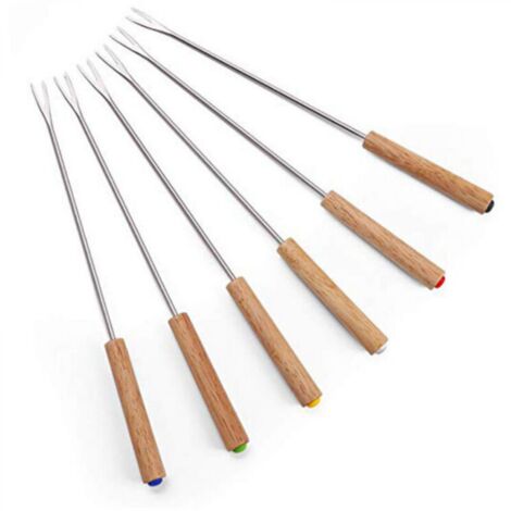 6 Pièces Fourchettes à Fondue au Fromage avec Manche en Bois Pic Fondue Inoxydable Pique à Fondue Bourguignonne Fourchette à Chocolat 24cmpour Barbecue, Pain, Légumes (1/4)