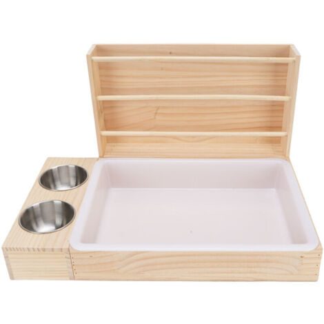 Jeffergarden Mangeoire à foin 3 en 1 pour lapins avec bac à litière et 2 gamelles. Râtelier à herbe pour cochons d'Inde. (1/5)