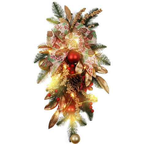 Jeffergarden Couronne de Noël 5525cm, décoration murale de style européen et américain, sapin de Noël à l'envers, ornement de porte d'escalier sur le thème or et rouge (B302/55 décoration murale d'esc (1/5)