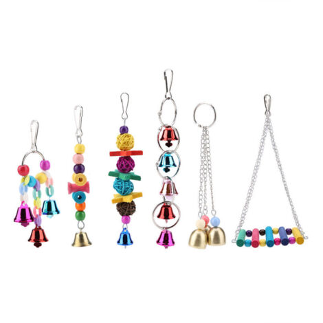 Jeffergarden 6 pièces/ensemble coloré en bois et en métal oiseau de compagnie balanoire jouet cloches perroquet Cage suspendus balanoire jouets (1/5)