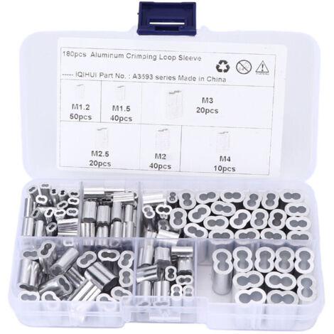 Jeffergarden 180pcs Kit de manchons de boucle de sertissage 6-Taille en aluminium à double barillet Universel pour cble métallique Extrémité de ligne (1/5)