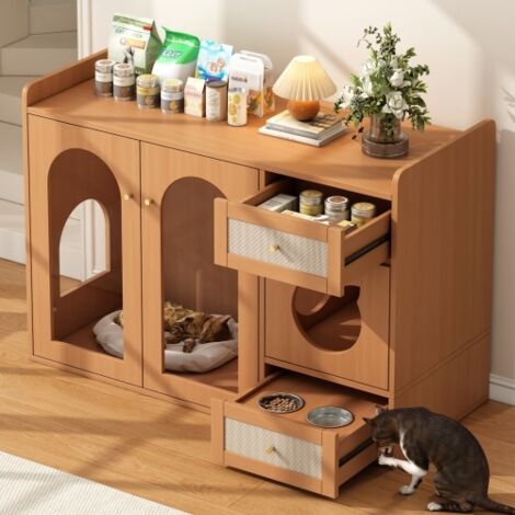 Multifunktionales Katzenklo-Möbel mit Fressbereich und Stauraum, integriertes Katzenhaus (ohne Klo und Kissen), Nussbaum-Optik, 120×45×83 cm (1/3)