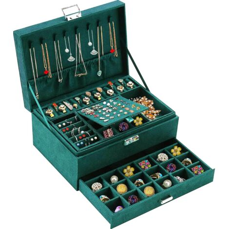 3-stöckige Schmuckbox mit Schublade – Großer Samt-Schmuckorganizer mit Schloss und Schlüssel, 8 Haken für Ketten und 56 Plätze für Ohrringe (1/5)