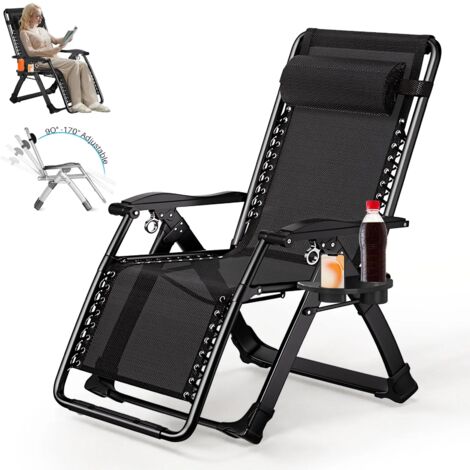 Sonnenliegen für den Außenbereich, Klappstuhl mit Getränkehalter und Kopfstützenkissen, Loungesessel, klappbarer Terrassen-Liegestuhl, Unterstützung 150 kg, Schwarz (1/5)