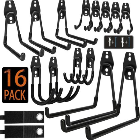 Confezione da 16 Ganci Murali Neri per Garage – Ganci Portaoggetti Antiscivolo per Bici, Scala, Attrezzi da Giardino e Tubi (1/5)