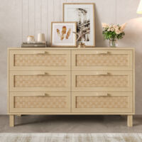 Elegante Credenza in Legno Naturale con 6 Cassetti, Comò Spazioso per Camera da Letto, Cassetti in Stile Rattan