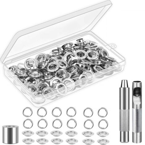 Kit de herramientas con remaches – 100 remaches de 12 mm plateados – Para lonas, telas, cuero, cartón y pancartas publicitarias (1/5)