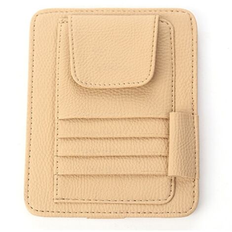 (Beige) Auto-Sonnenblenden-Organizer, universeller Auto-Brillenhalter-Clip mit Leder-Aufbewahrungsfächern