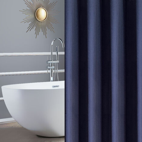 Marineblauer Duschvorhang mit Waffelkuchenmuster, 150 x 180 cm, mit Metallring (1/4)