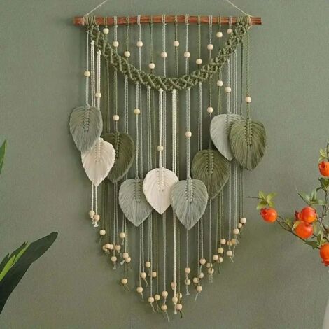 Colgante de hojas verdes: decoración bohemia chic, arte de pared tejido con borlas hechas a mano, decoración bohemia (1/5)
