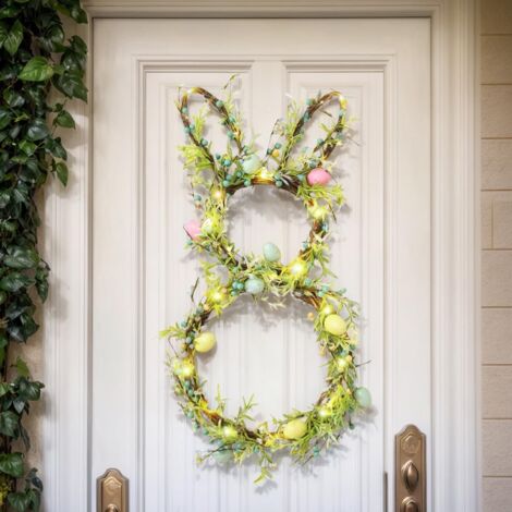 Corona de Pascua con forma de conejo, corona luminosa con luces LED de color blanco cálido, corona de conejo plegable, corona de huevos de Pascua, ideal para decorar porches, fachadas y ventanas - A (1/5)