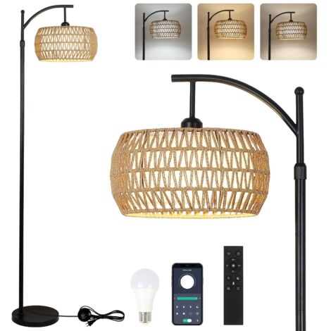 Curved Floor Lamp With Remote Control, Dimmable LED Floor Lamp, 3 Color Temperature, Vertical Lamp with Rattan and Fabric Double Drum Cover, Suitable For Living Room and Bedroom (1/5)