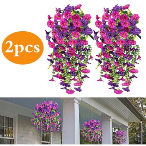 2-Pack Artificial Hanging Morning Glory - 75 cm - Fake Flower Garland - Home, Garden & Wedding Decor - Hanging Fake Flowers (Purple + Red)