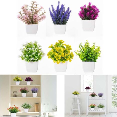 6 Pcs Artificial Fake Flowers - Potted Artificial Plants - Mini Bonsai - for Home, Office, Tabletop Decor (1/3)