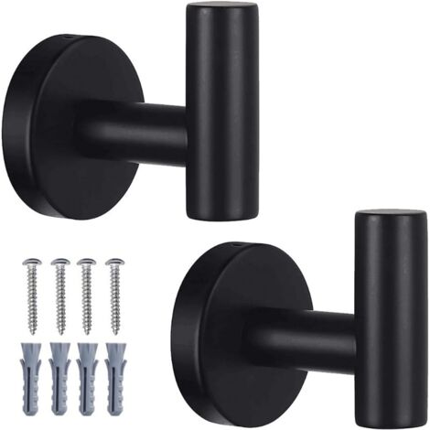 Set of 2 bathroom towel hooks - Wall hooks for screwing in, suitable for bathroom, kitchen, hotel and swimming pool tiles, as well as brick walls (Black) (1/5)