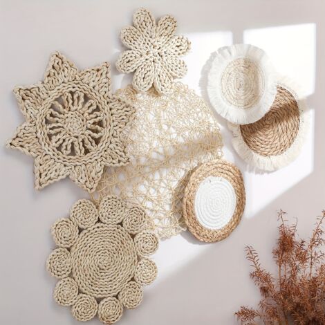 7-piece Boho Wall Basket Decoration Hanging Rustic Rattan Wall Baskets Round Wall Art for Farmhouse Living Room