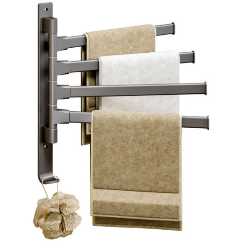 Wall Mounted Towel Rack, 5 x 180° Swivel Arms Towel Holder, No Drilling Adhesive Installation / Screw Fixing, Space Saving Towel Bar for Bathroom, Kitchen & Cabinet Door (1/5)
