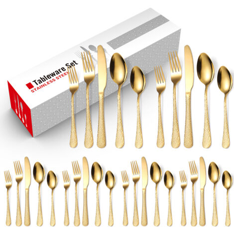 Cubiertos Set de 24 Piezas para 4 Personas – Acero Inoxidable Alimentario, Diseño Martillado, Incluye Cuchillos, Tenedores y Cucharas, Apto Lavavajillas, Dorado
