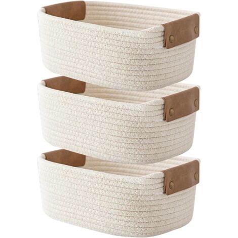 Set de 3 Cestas de Almacenaje Trenzadas en Algodón Beige – Organizadores para Baño, Habitación Infantil y Salón, Cesta Pequeña para Estantería 28 x 22 x 11 cm (1/5)