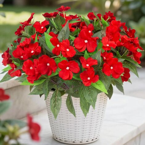 4 Piezas Flores Artificiales Impatiens Exterior – Plantas de Seda Resistentes a UV, Decoración Jardín, Terraza y Balcón – Rojo (1/5)